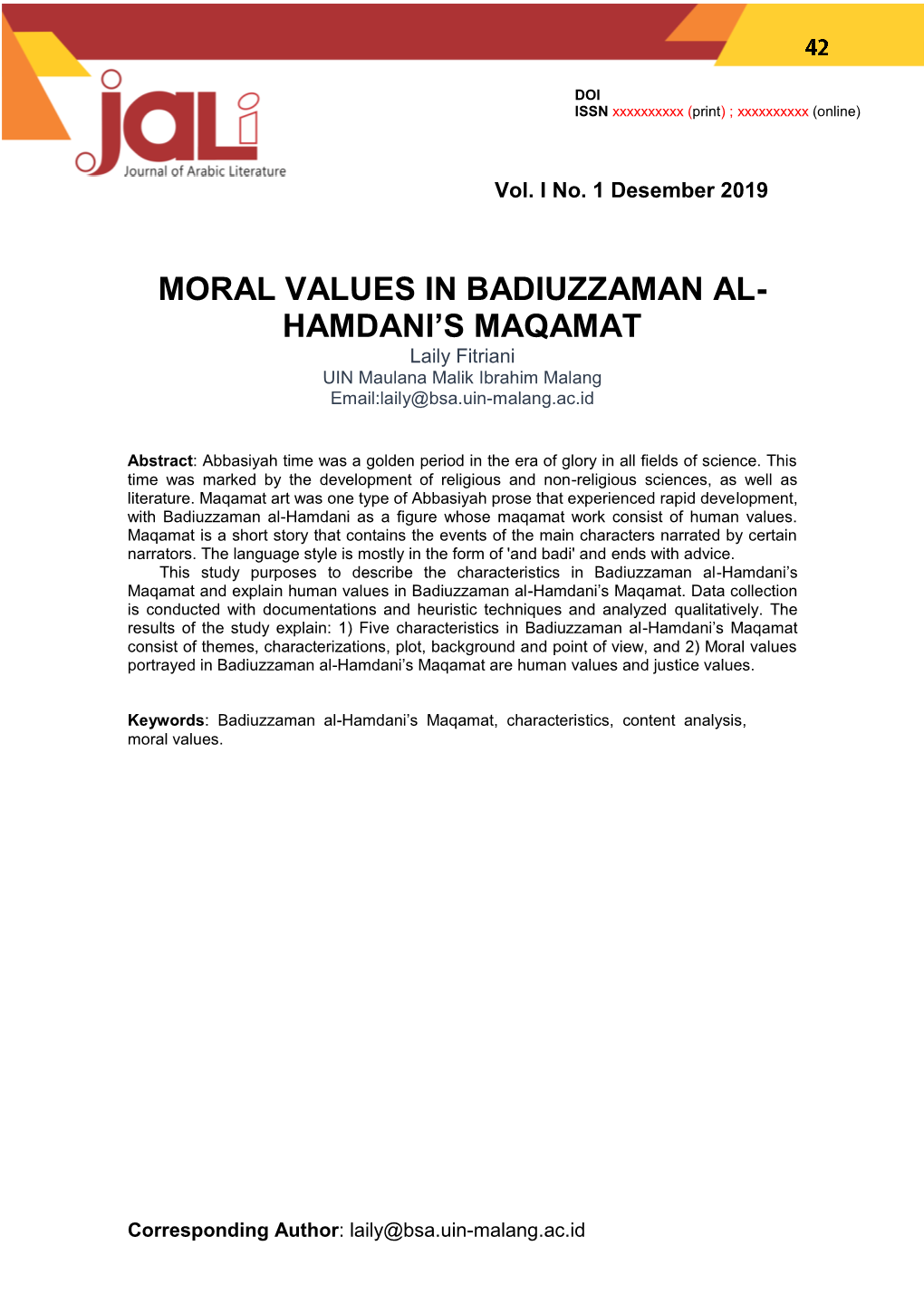 Moral Values in Badiuzzaman Al-Hamdani's Maqamat