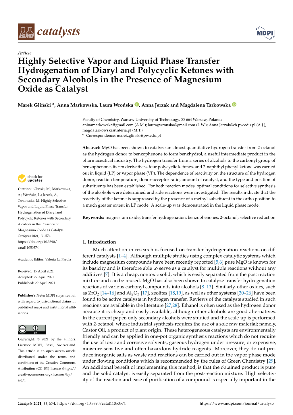 Highly Selective Vapor and Liquid Phase Transfer Hydrogenation of Diaryl and Polycyclic Ketones with Secondary Alcohols in the Presence of Magnesium Oxide As Catalyst