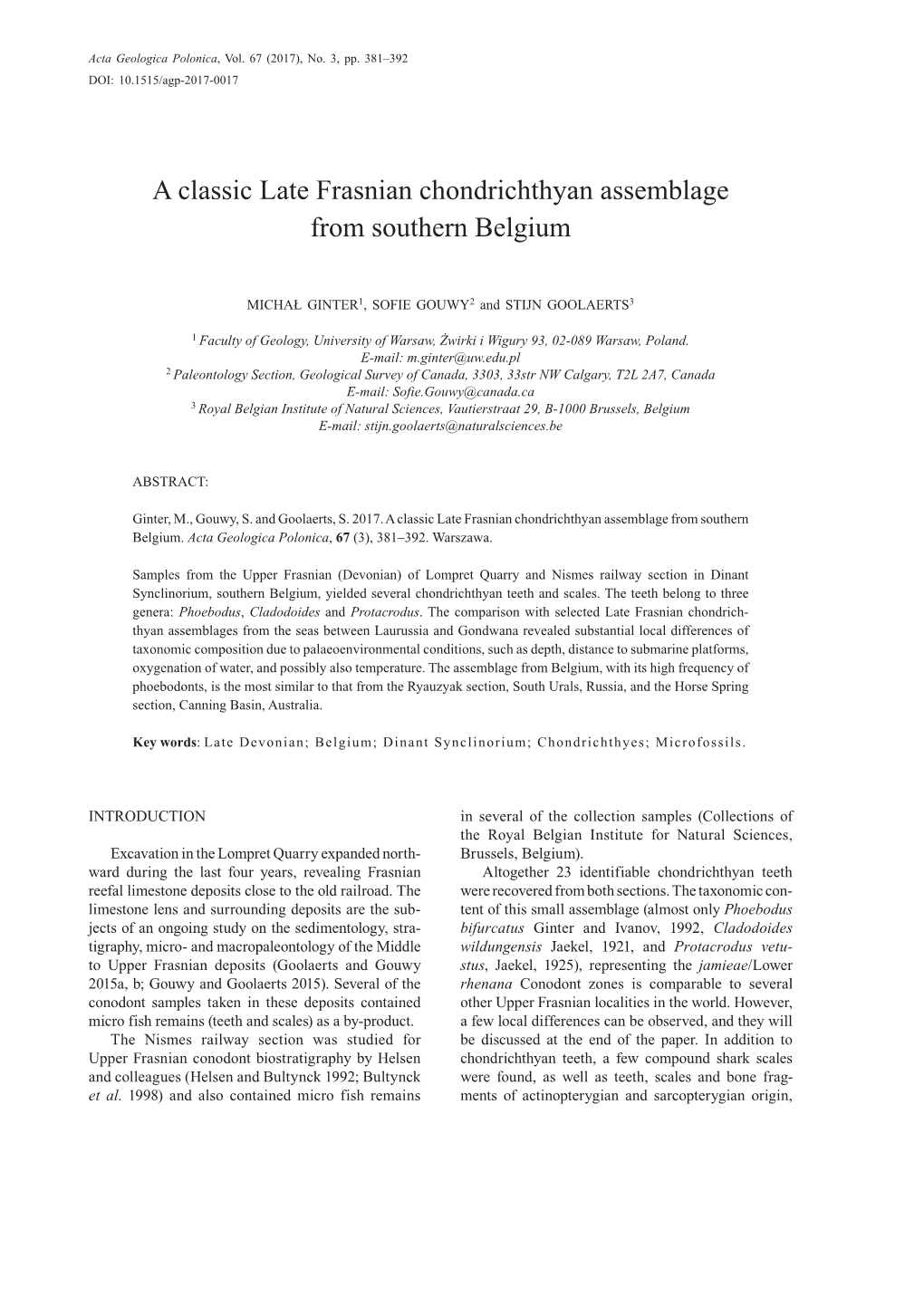 A Classic Late Frasnian Chondrichthyan Assemblage from Southern Belgium