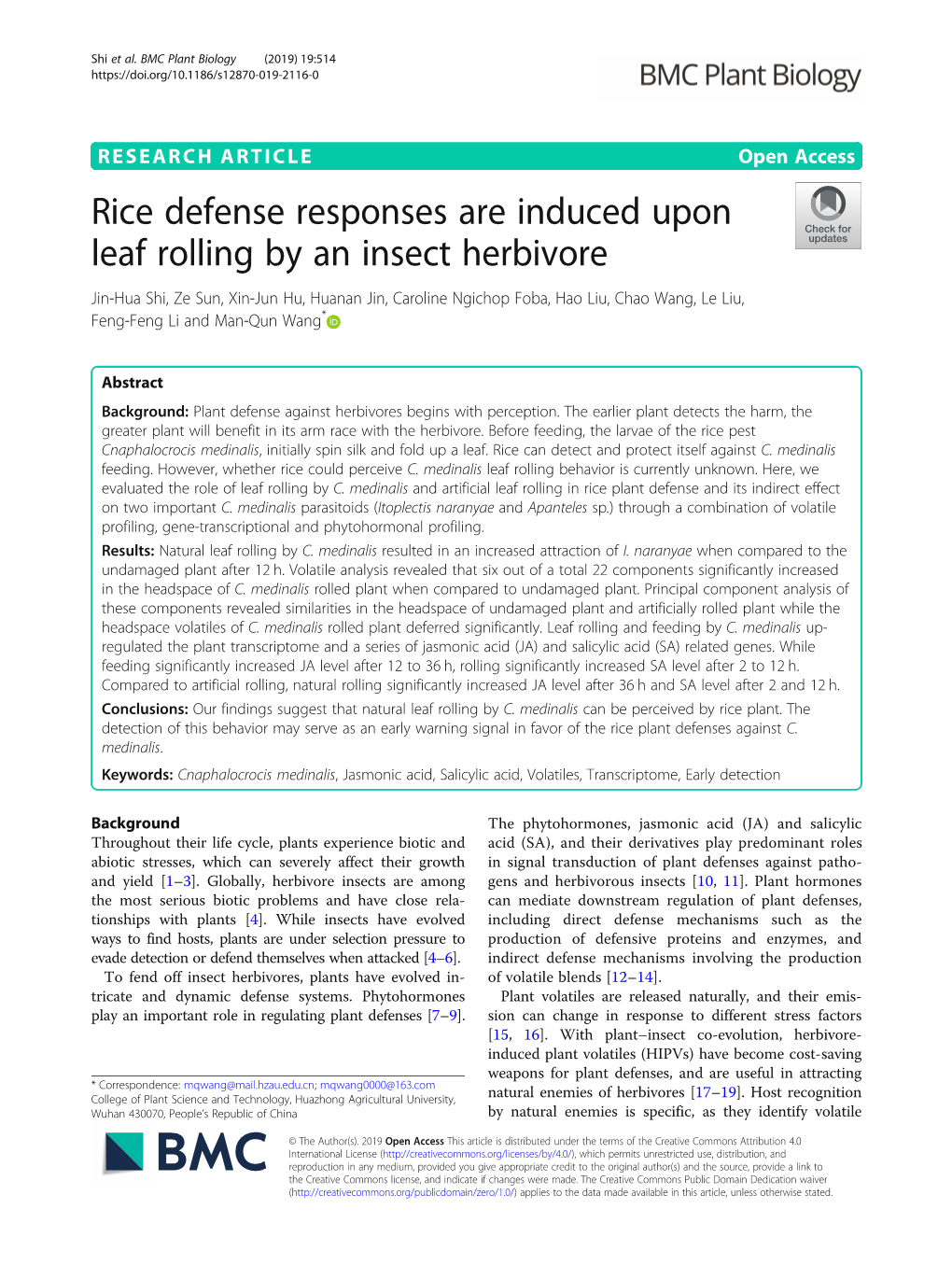 Rice Defense Responses Are Induced Upon Leaf Rolling by an Insect