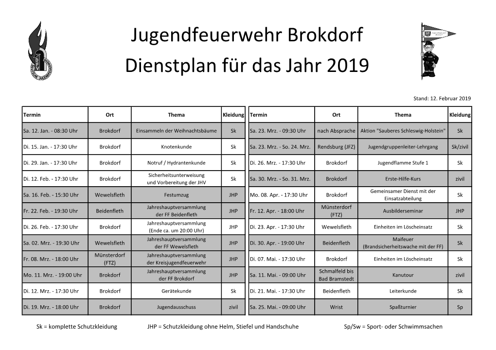Jugendfeuerwehr Brokdorf Dienstplan Für Das Jahr 2019