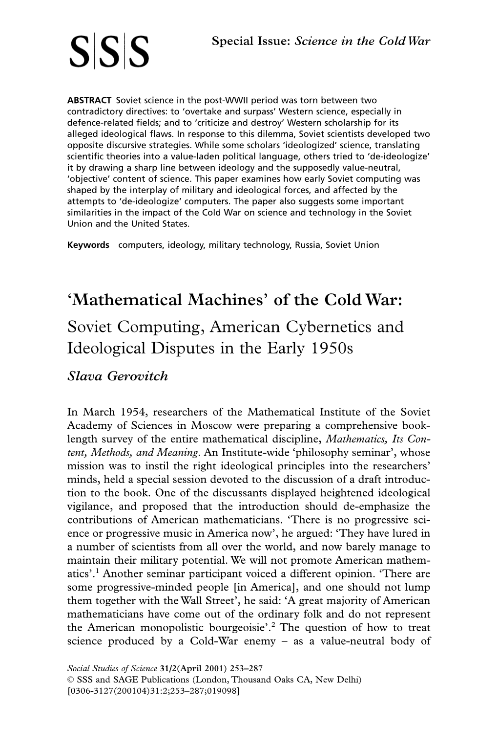'Mathematical Machines' of the Cold War: Soviet Computing, American