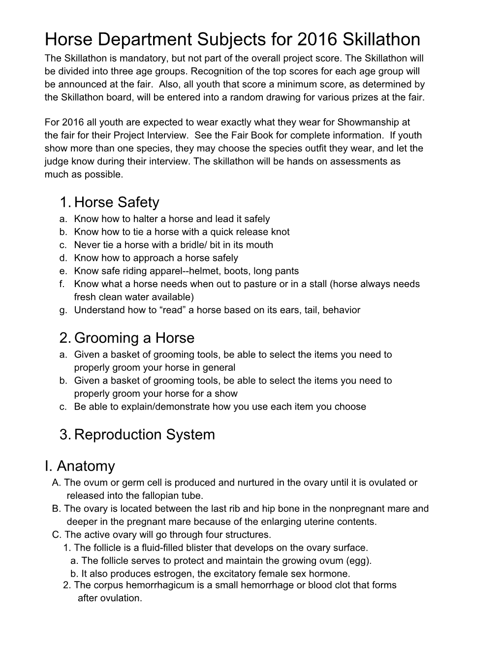 Horse Department Subjects for 2016 Skillathon the Skillathon Is Mandatory, but Not Part of the Overall Project Score