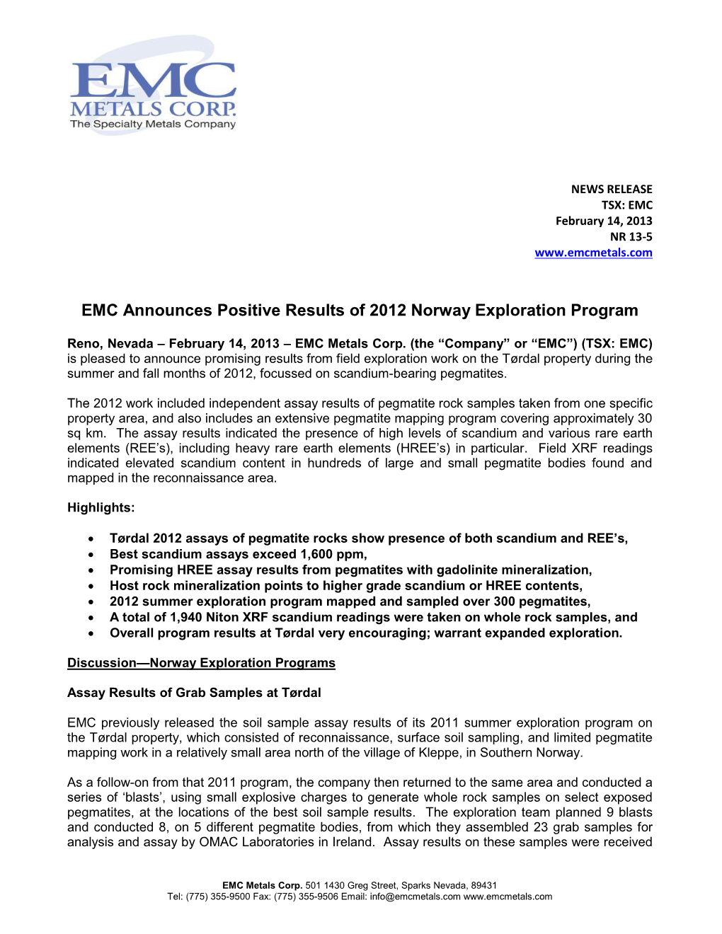 NEWS RELEASE TSX: EMC February 14, 2013 NR 13-5