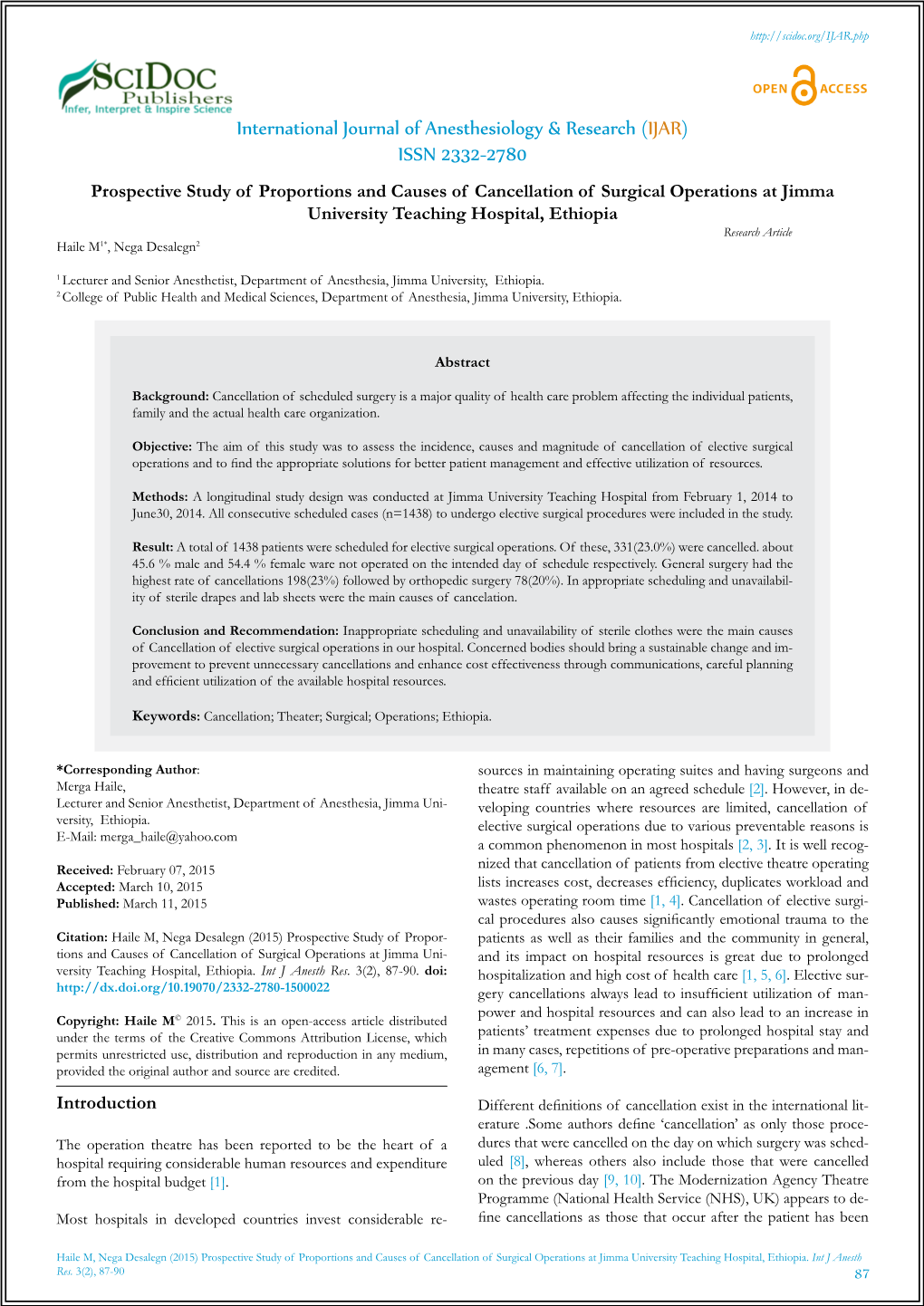 International Journal of Anesthesiology & Research (IJAR) ISSN 2332-2780