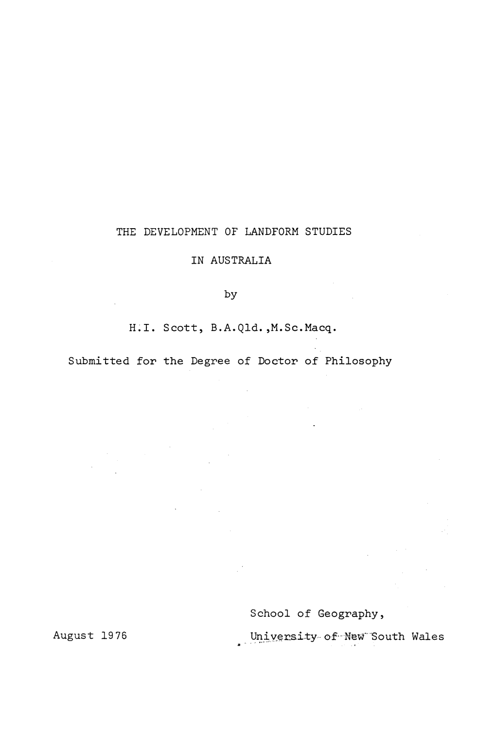 THE DEVELOPMENT of LANDFORM STUDIES in AUSTRALIA by H.I