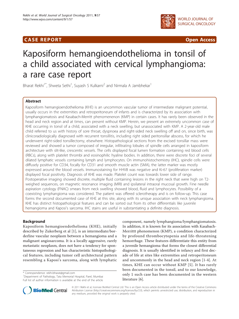 Kaposiform Hemangioendothelioma in Tonsil of a Child