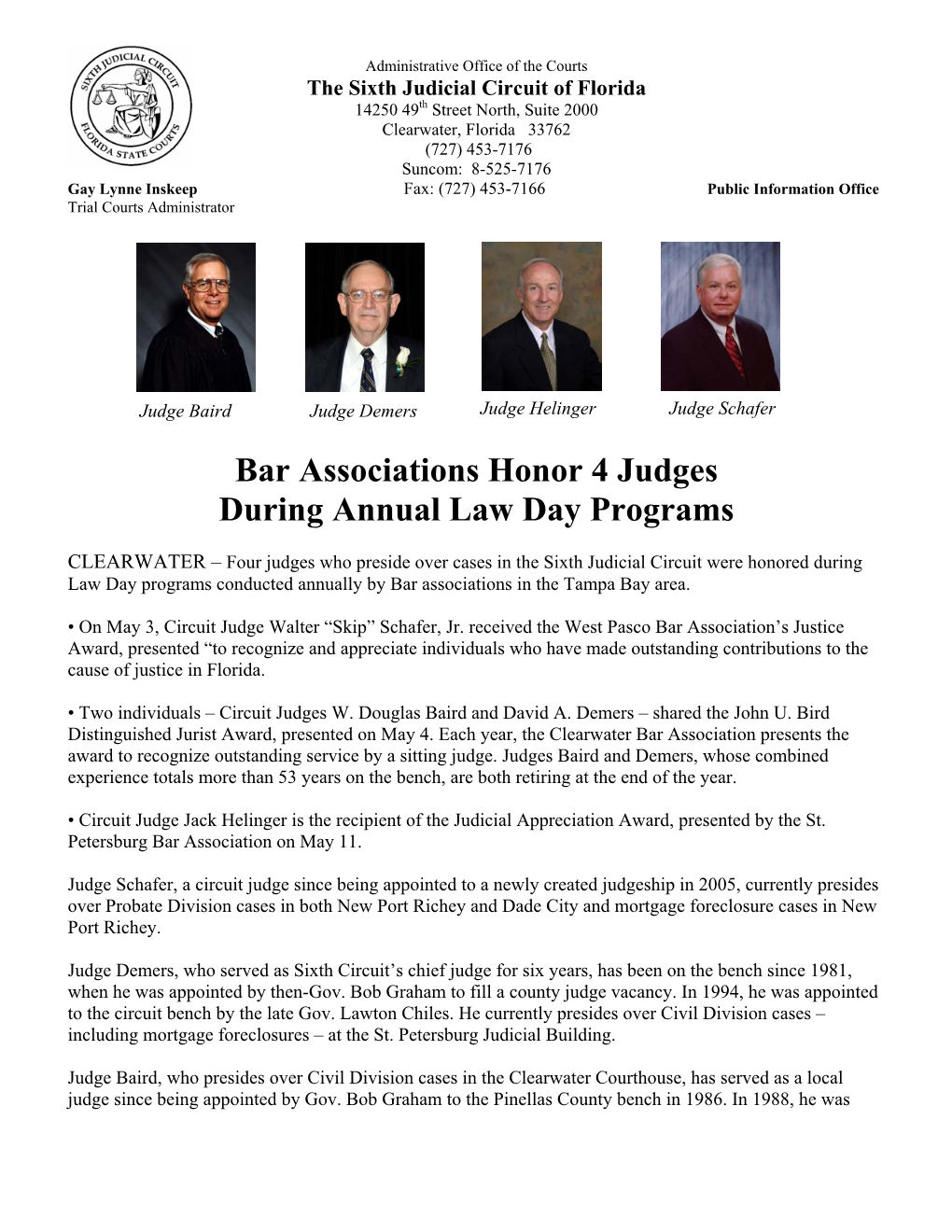 Bar Associations Honor 4 Judges During Annual Law Day Programs