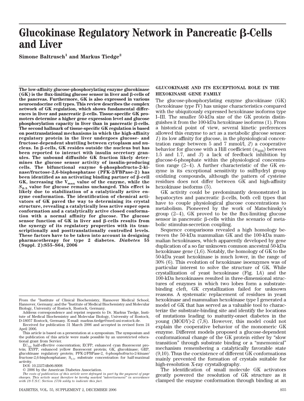 Glucokinase Regulatory Network in Pancreatic -Cells and Liver