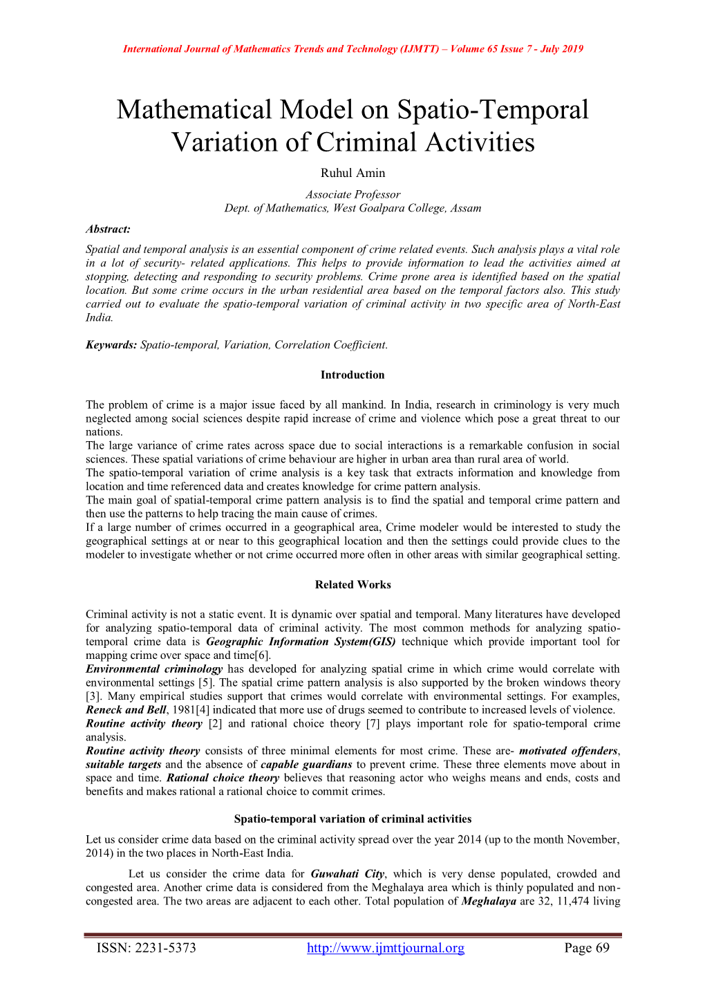 Mathematical Model on Spatio-Temporal Variation of Criminal Activities Ruhul Amin Associate Professor Dept