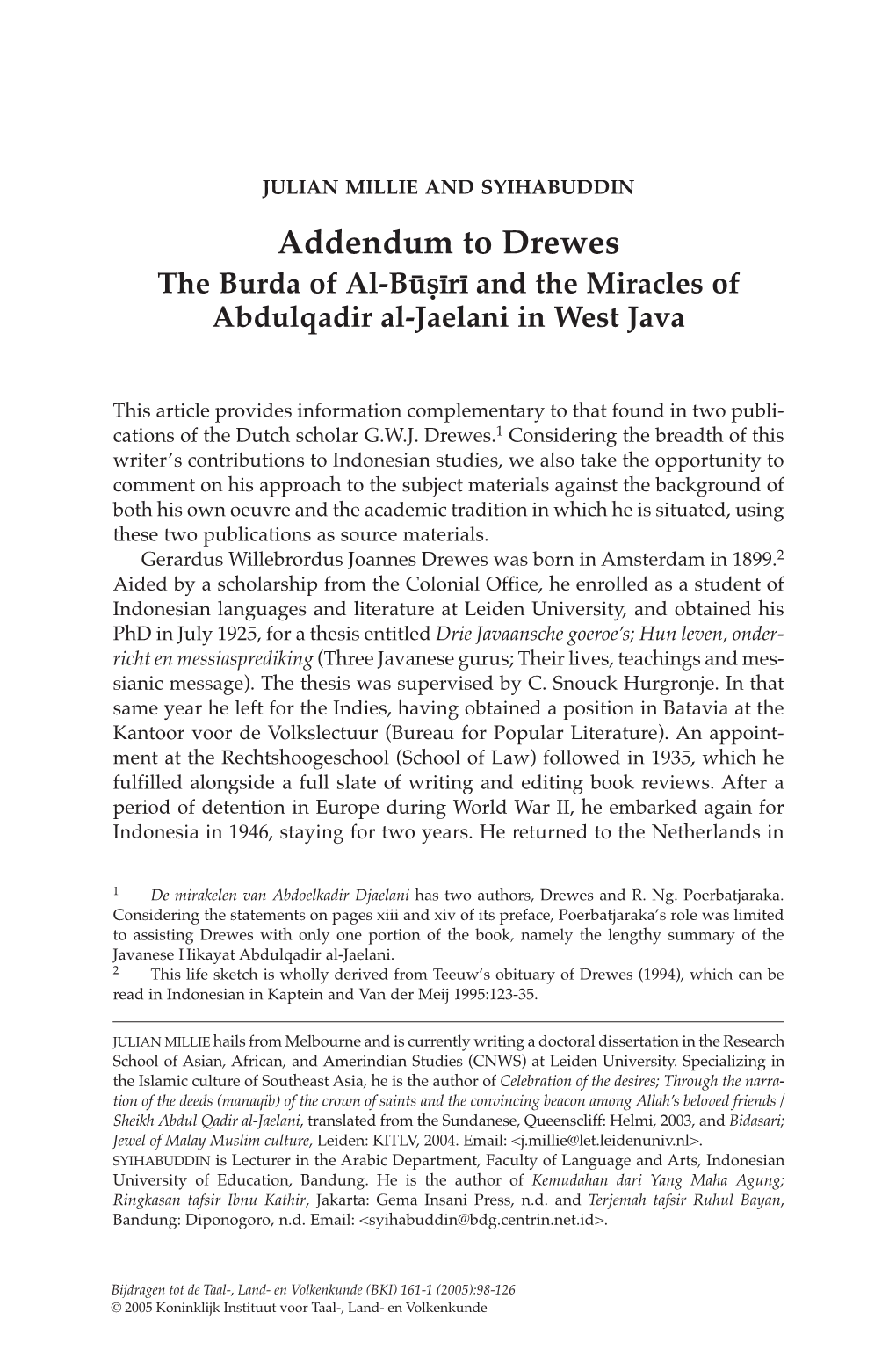 Addendum to Drewes the Burda of Al-B√ß∆R∆ and the Miracles of Abdulqadir Al-Jaelani in West Java