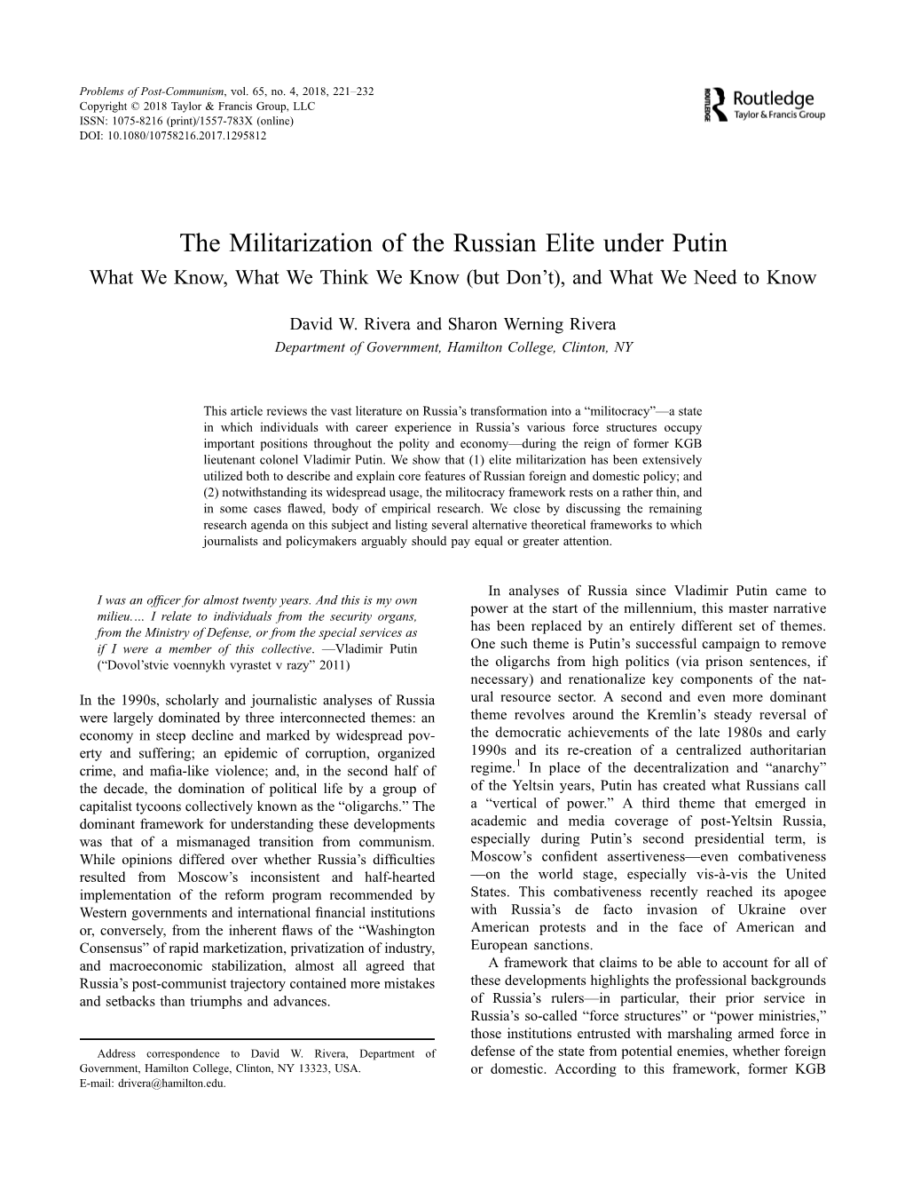 The Militarization of the Russian Elite Under Putin What We Know, What We Think We Know (But Don’T), and What We Need to Know