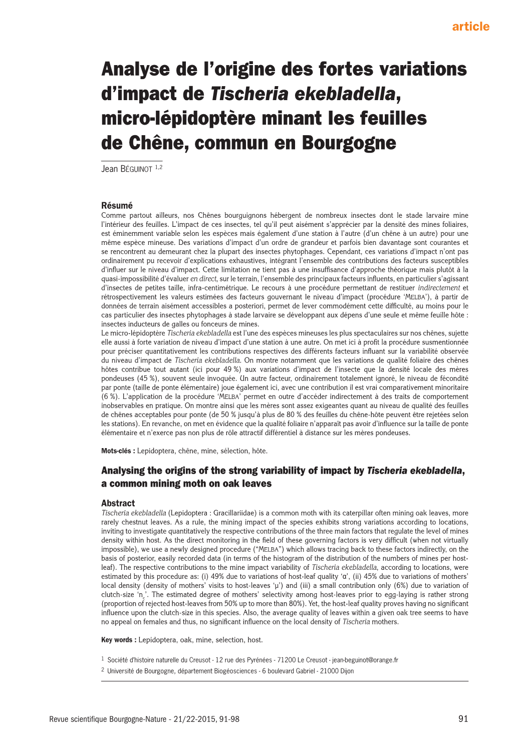 Analyse De L'origine Des Fortes Variations D'impact De Tischeria