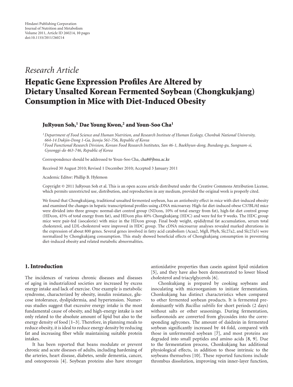 Research Article Hepatic Gene Expression Profiles Are Altered by Dietary Unsalted Korean Fermented Soybean