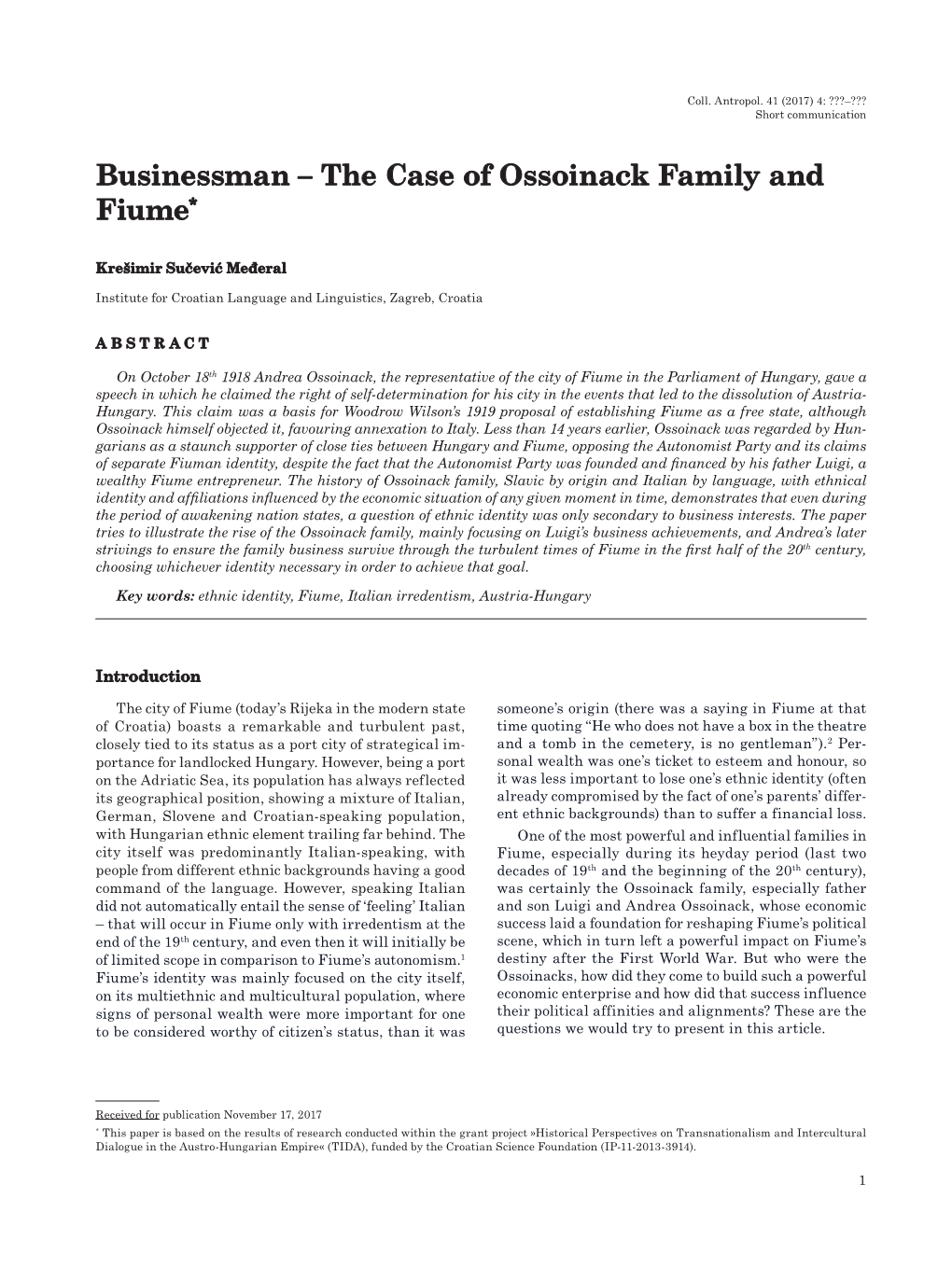 The Case of Ossoinack Family and Fiume*