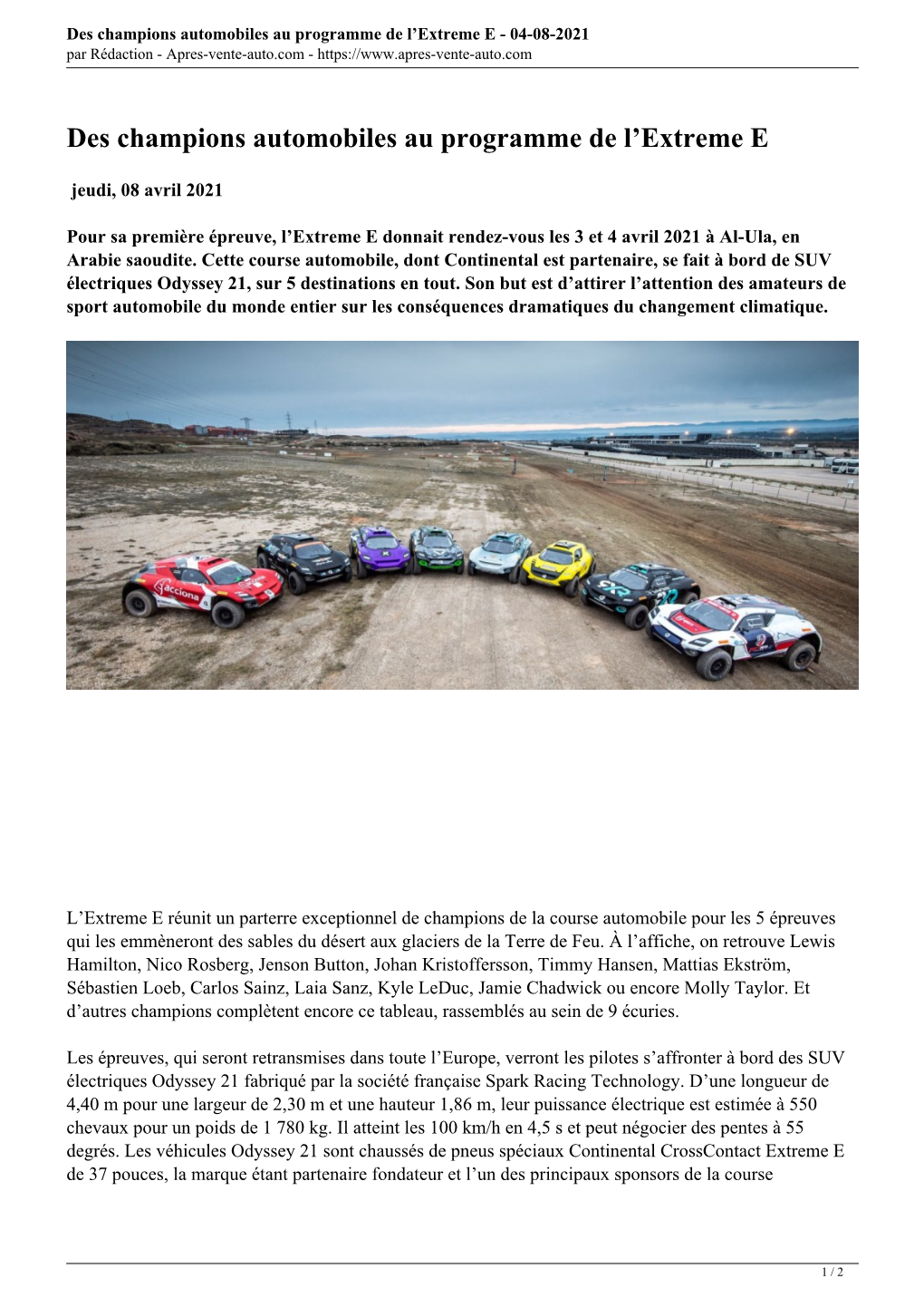 Des Champions Automobiles Au Programme De L’Extreme E - 04-08-2021 Par Rédaction - Apres-Vente-Auto.Com