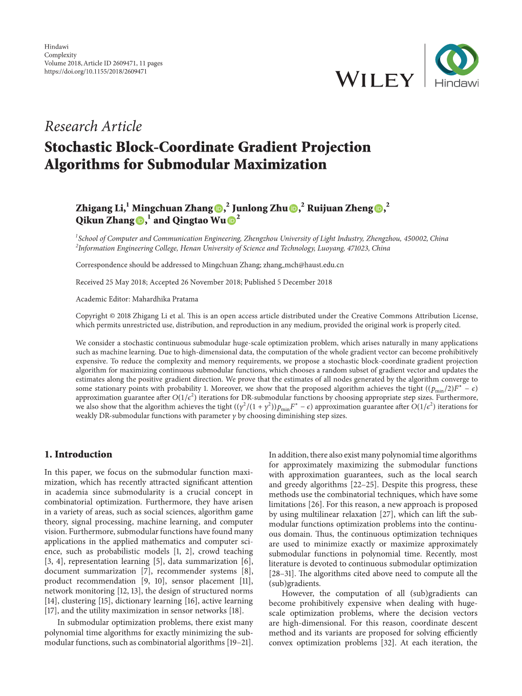 Research Article Stochastic Block-Coordinate Gradient Projection Algorithms for Submodular Maximization