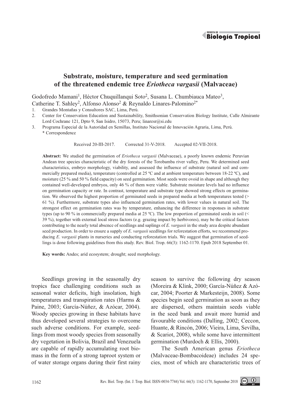 Substrate, Moisture, Temperature and Seed Germination of the Threatened Endemic Tree Eriotheca Vargasii (Malvaceae)