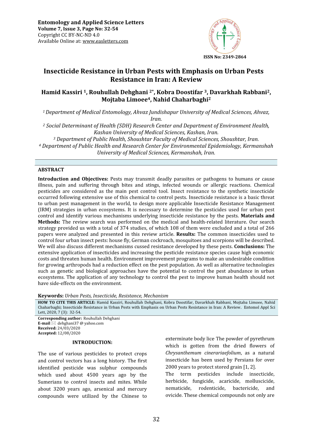 Insecticide Resistance in Urban Pests with Emphasis on Urban Pests Resistance in Iran: a Review