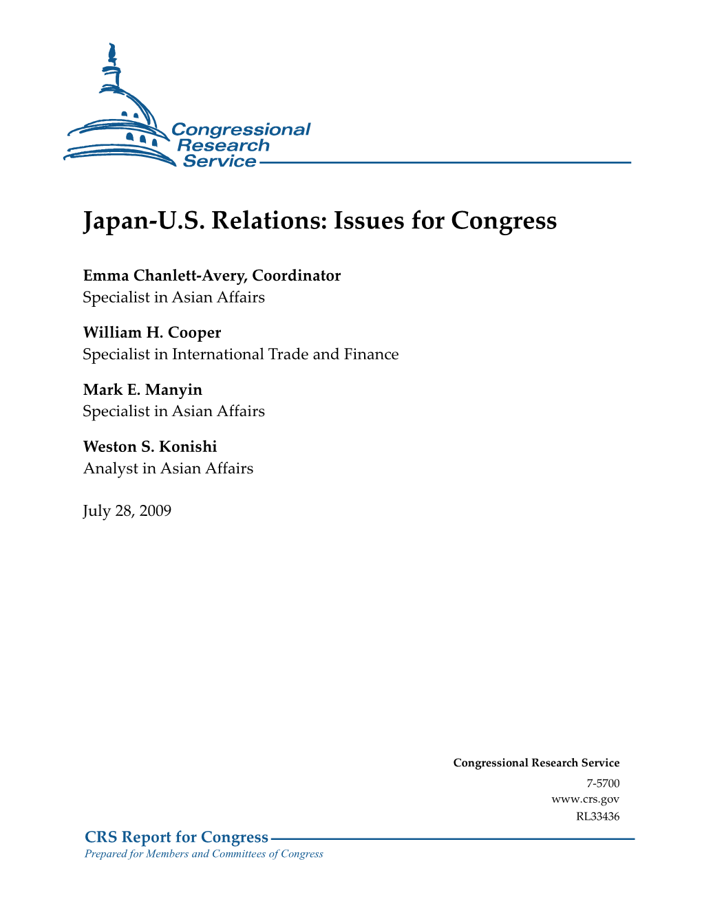 Japan-US Relations: Issues for Congress