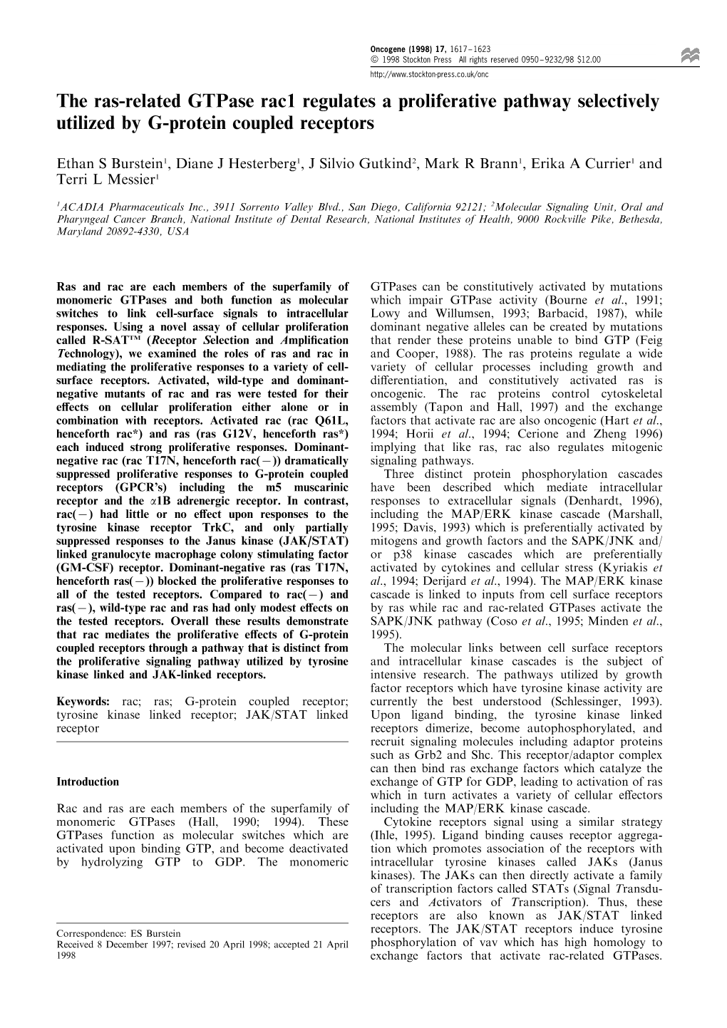 The Ras-Related Gtpase Rac1 Regulates a Proliferative Pathway Selectively Utilized by G-Protein Coupled Receptors