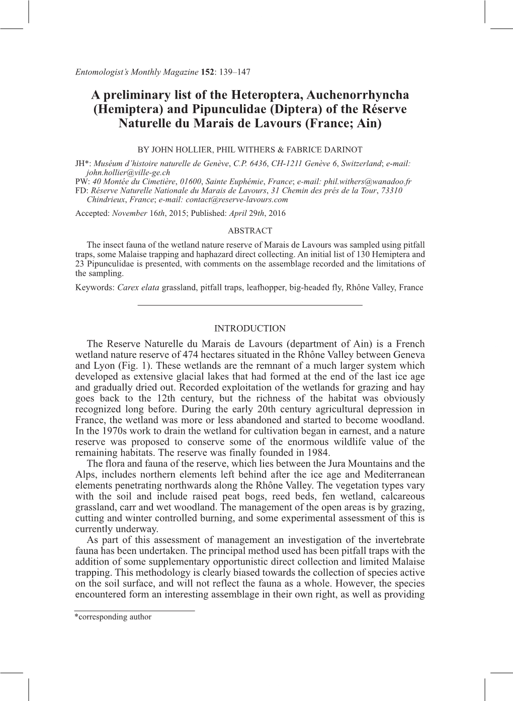 A Preliminary List of the Heteroptera, Auchenorrhyncha (Hemiptera) and Pipunculidae (Diptera) of the Réserve Naturelle Du Marais De Lavours (France; Ain)