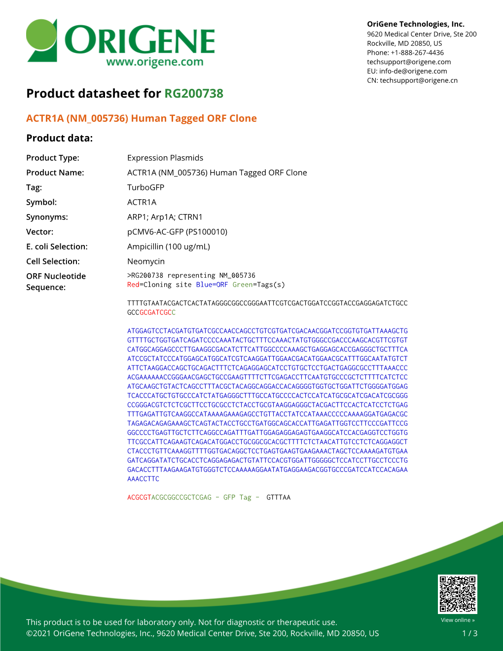 ACTR1A (NM 005736) Human Tagged ORF Clone Product Data