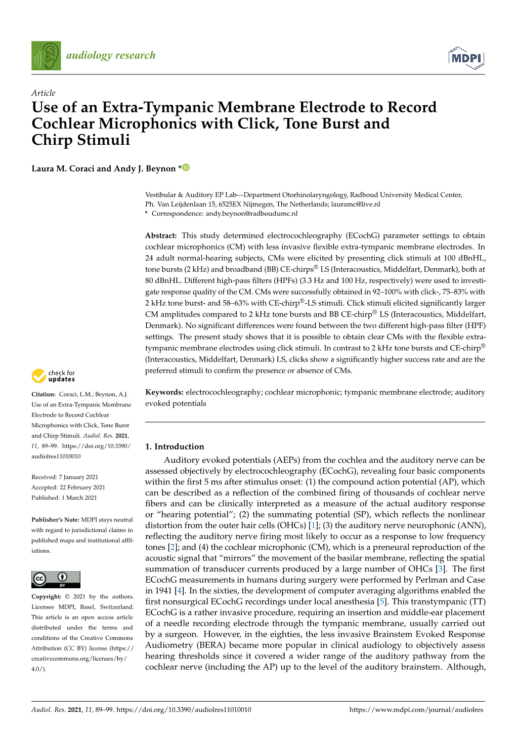 Use of an Extra-Tympanic Membrane Electrode to Record Cochlear Microphonics with Click, Tone Burst and Chirp Stimuli