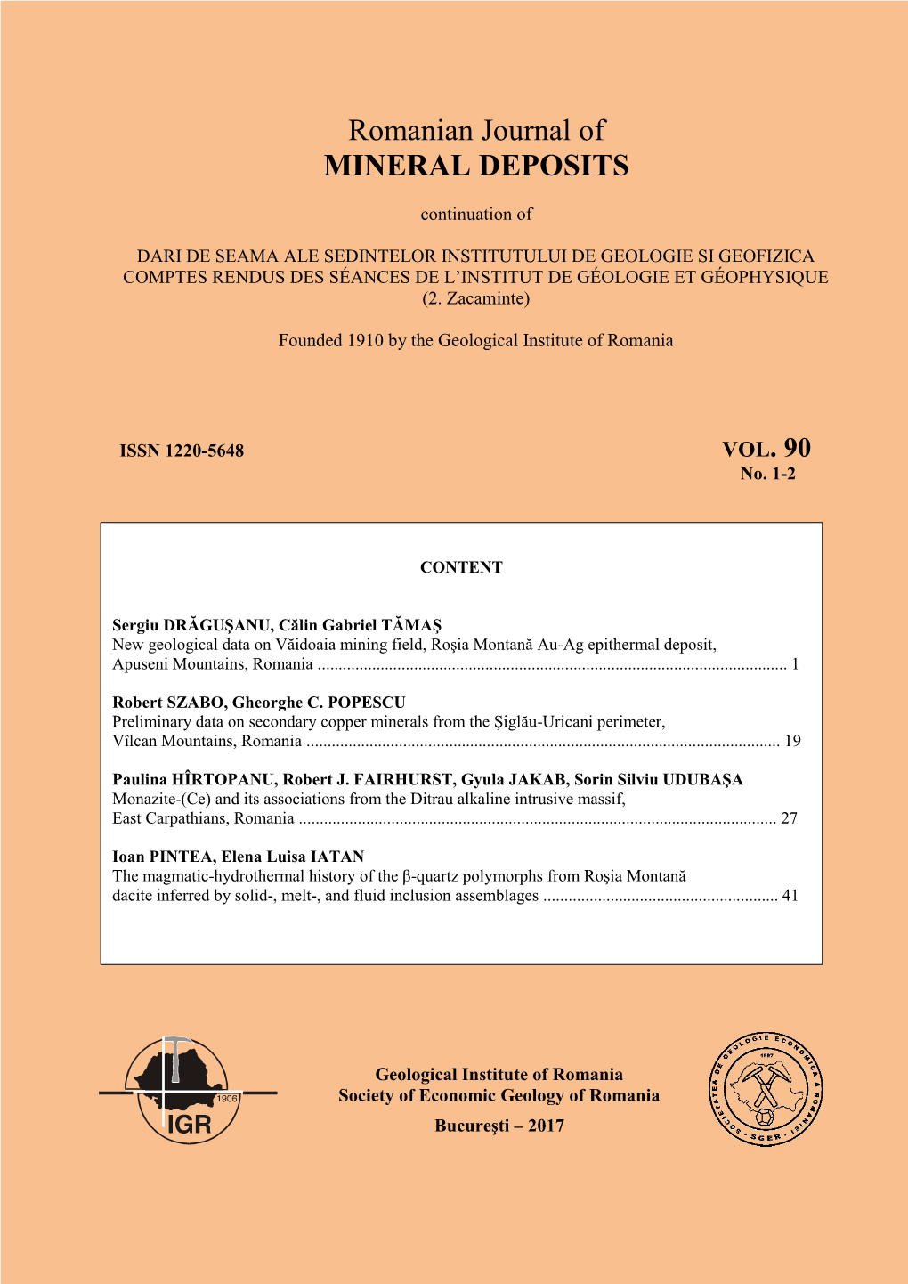 Romanian Journal of MINERAL DEPOSITS