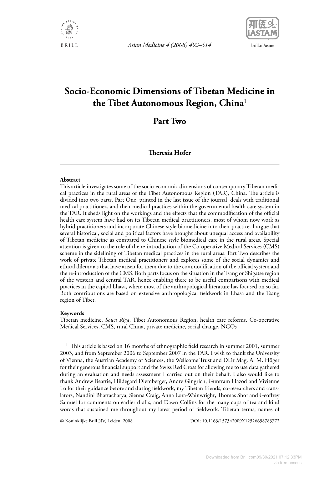 Socio-Economic Dimensions of Tibetan Medicine in the Tibet Autonomous Region, China1 Part Two