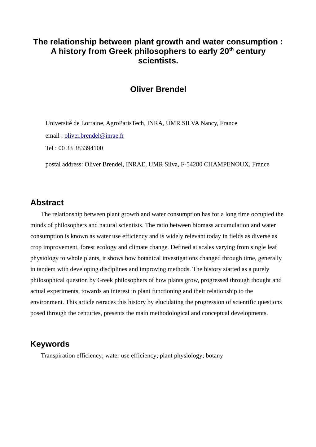 The Relationship Between Plant Growth and Water Consumption : a History from Greek Philosophers to Early 20Th Century Scientists