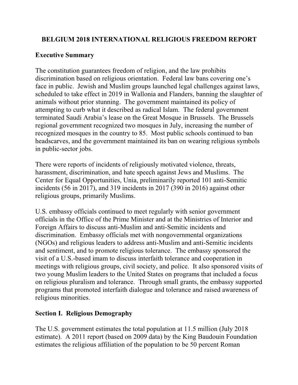 Belgium 2018 International Religious Freedom Report