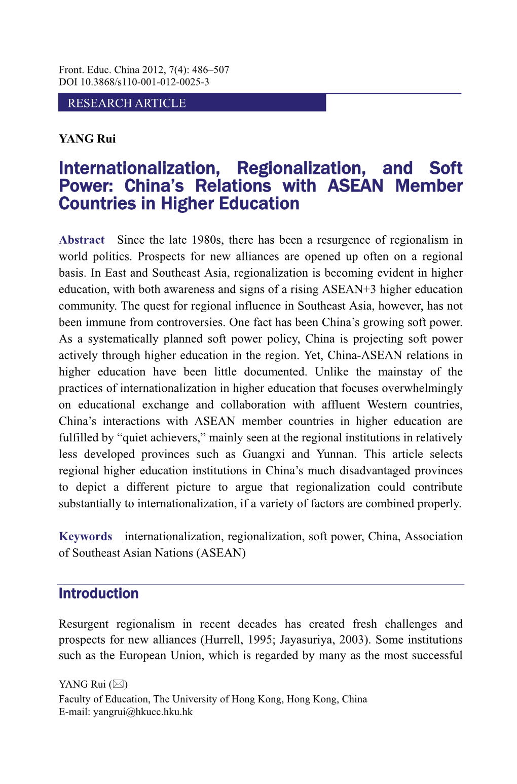 Internationalization, Regionalization, and Soft Power: China's Relations