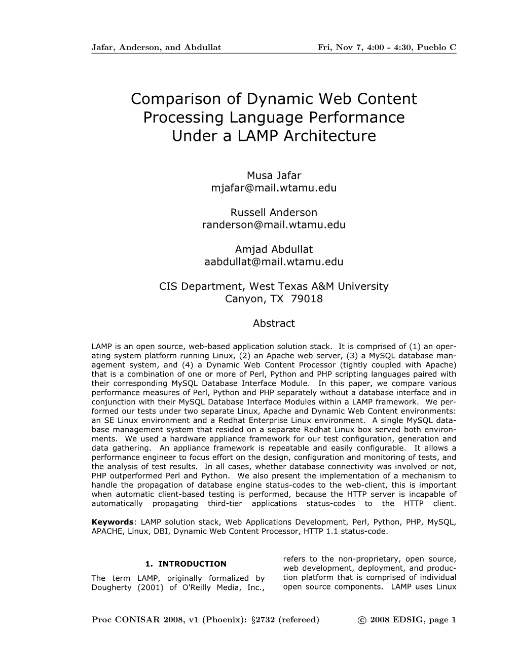 Comparison of Dynamic Web Content Processing Language Performance Under a LAMP Architecture