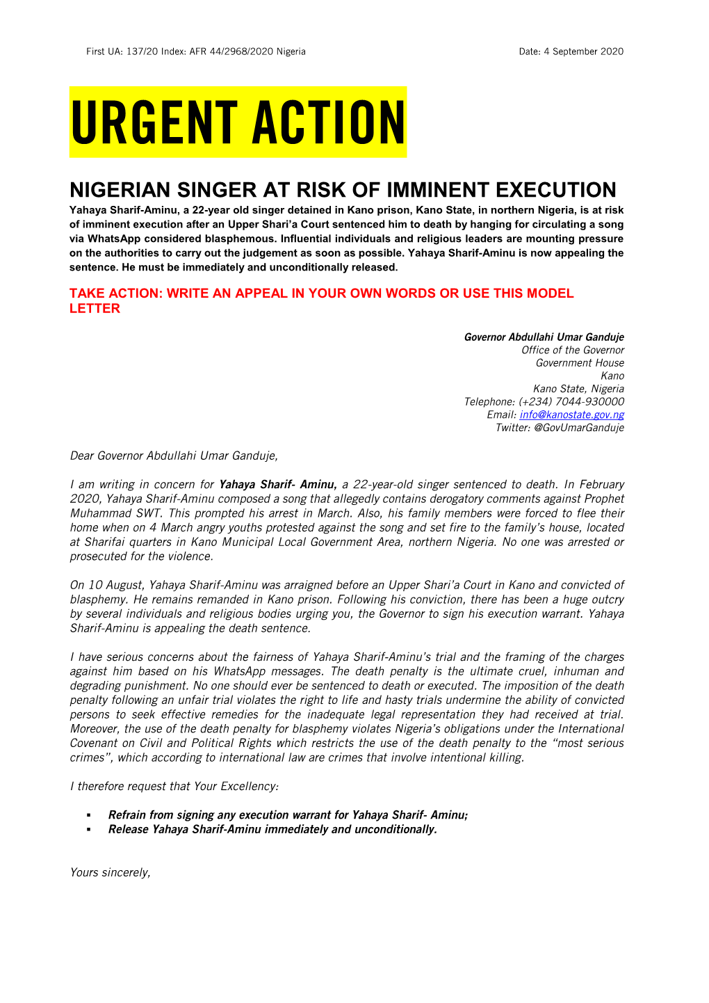 Singer at Risk of Imminent Execution: Yahaya Sharif-Aminu