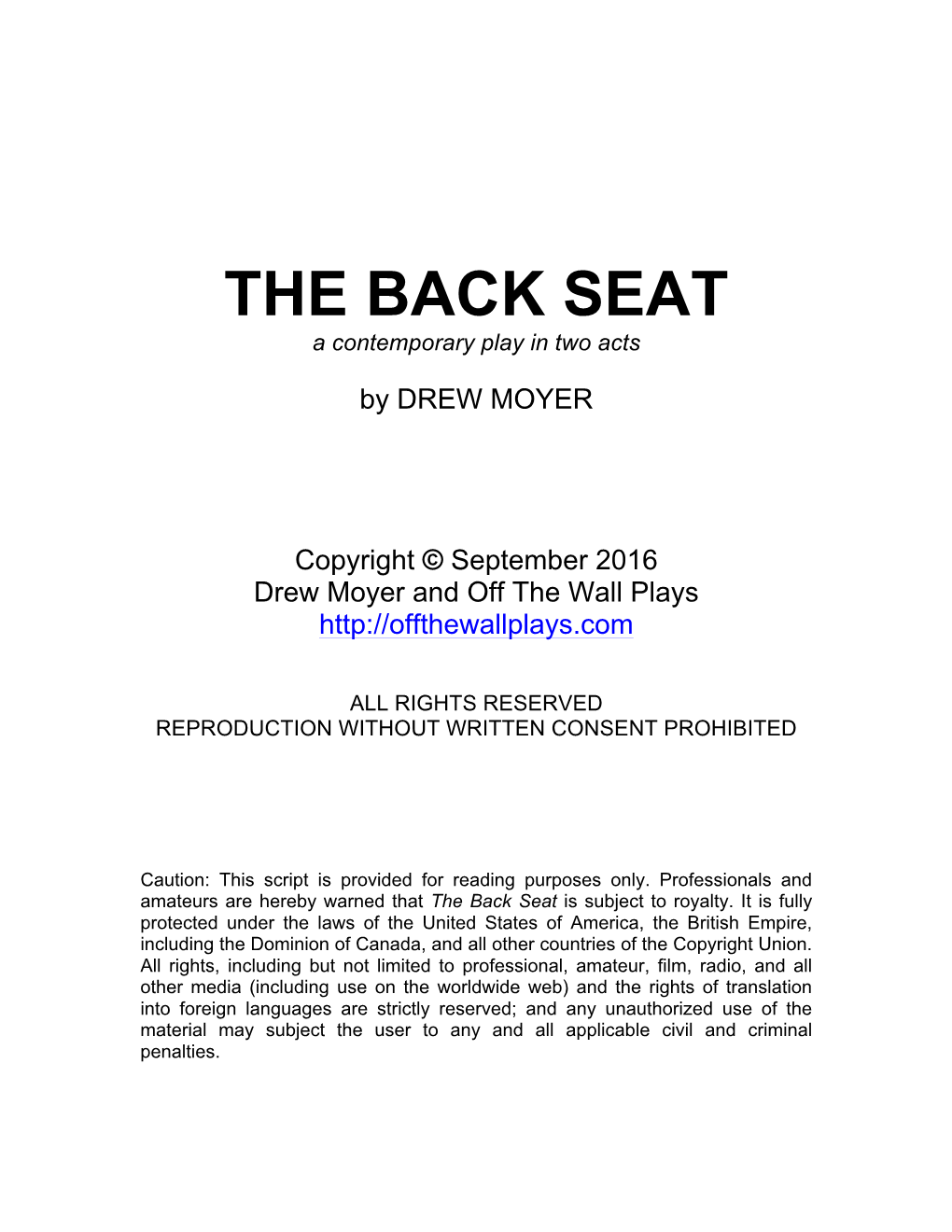 THE BACK SEAT a Contemporary Play in Two Acts