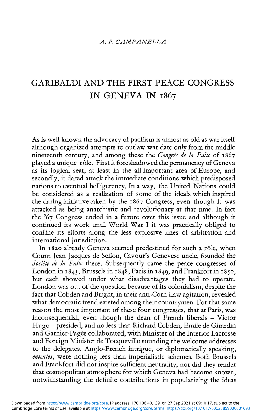 Garibaldi and the First Peace Congress in Geneva in 1867