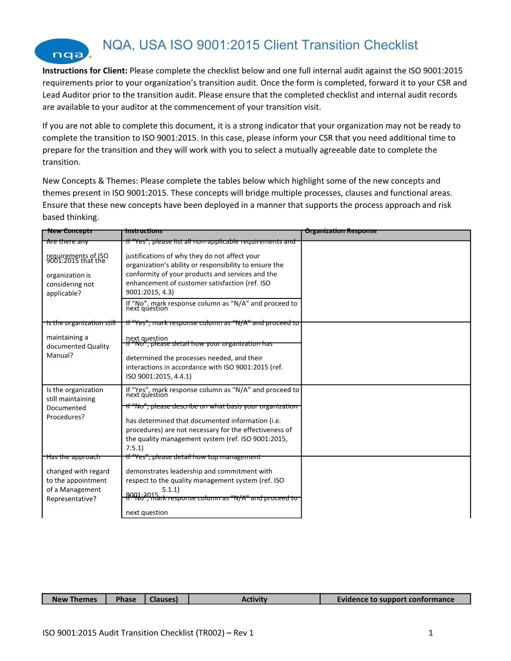 NQA, USA ISO 9001:2015 Client Transition Checklist