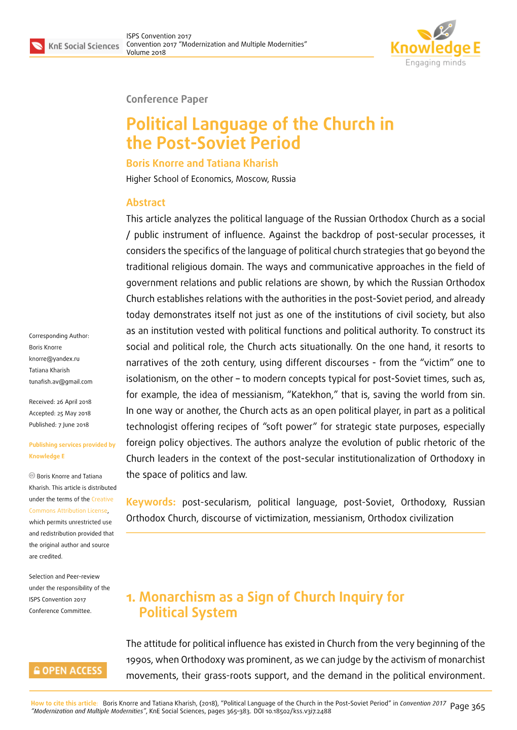 Political Language of the Church in the Post-Soviet Period Boris Knorre and Tatiana Kharish Higher School of Economics, Moscow, Russia