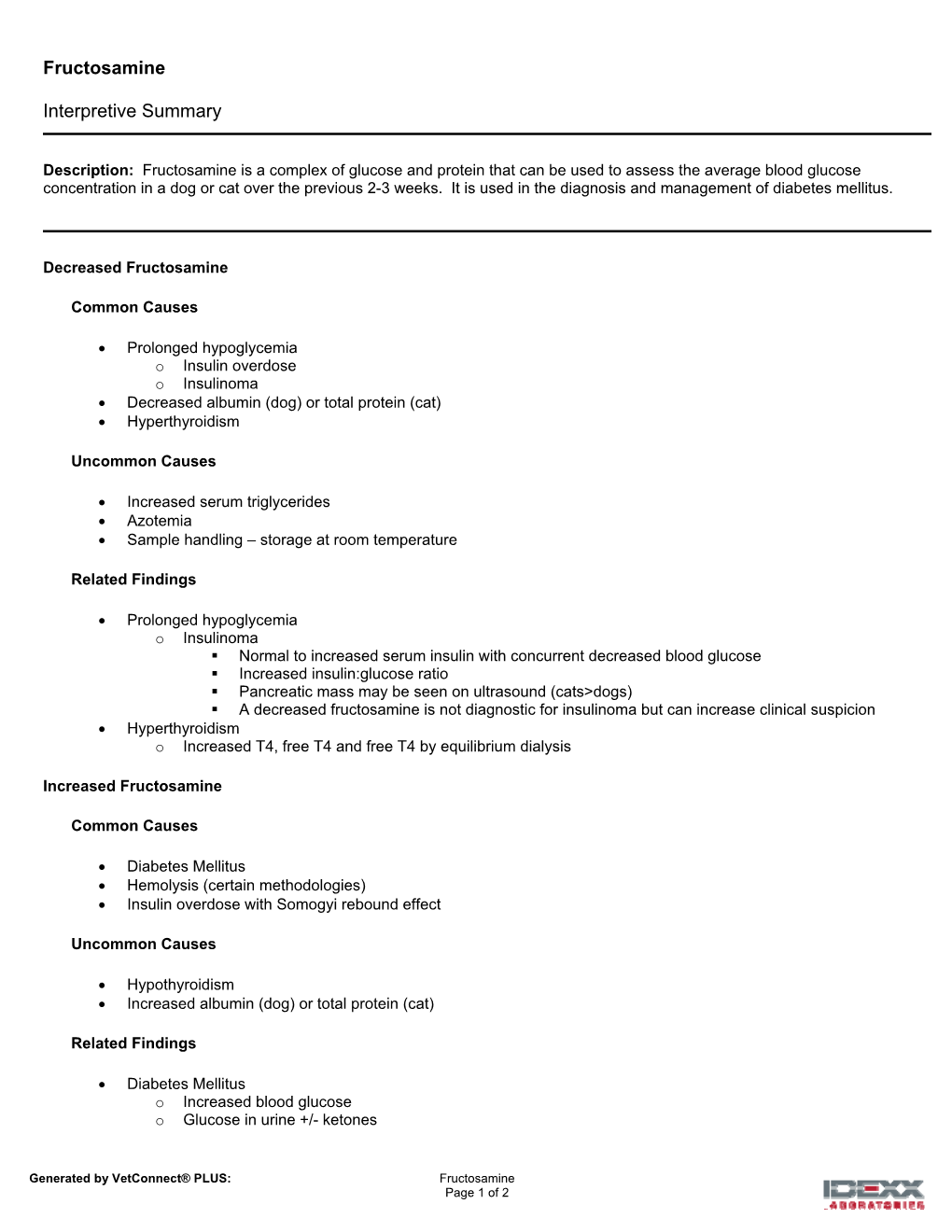 Fructosamine Interpretive Summary