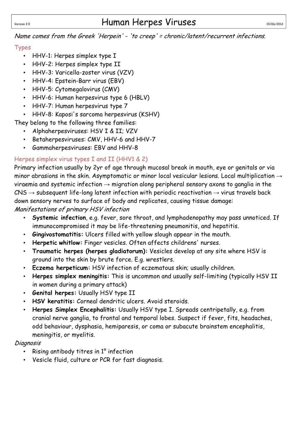 Human Herpes Viruses 10/06/2012