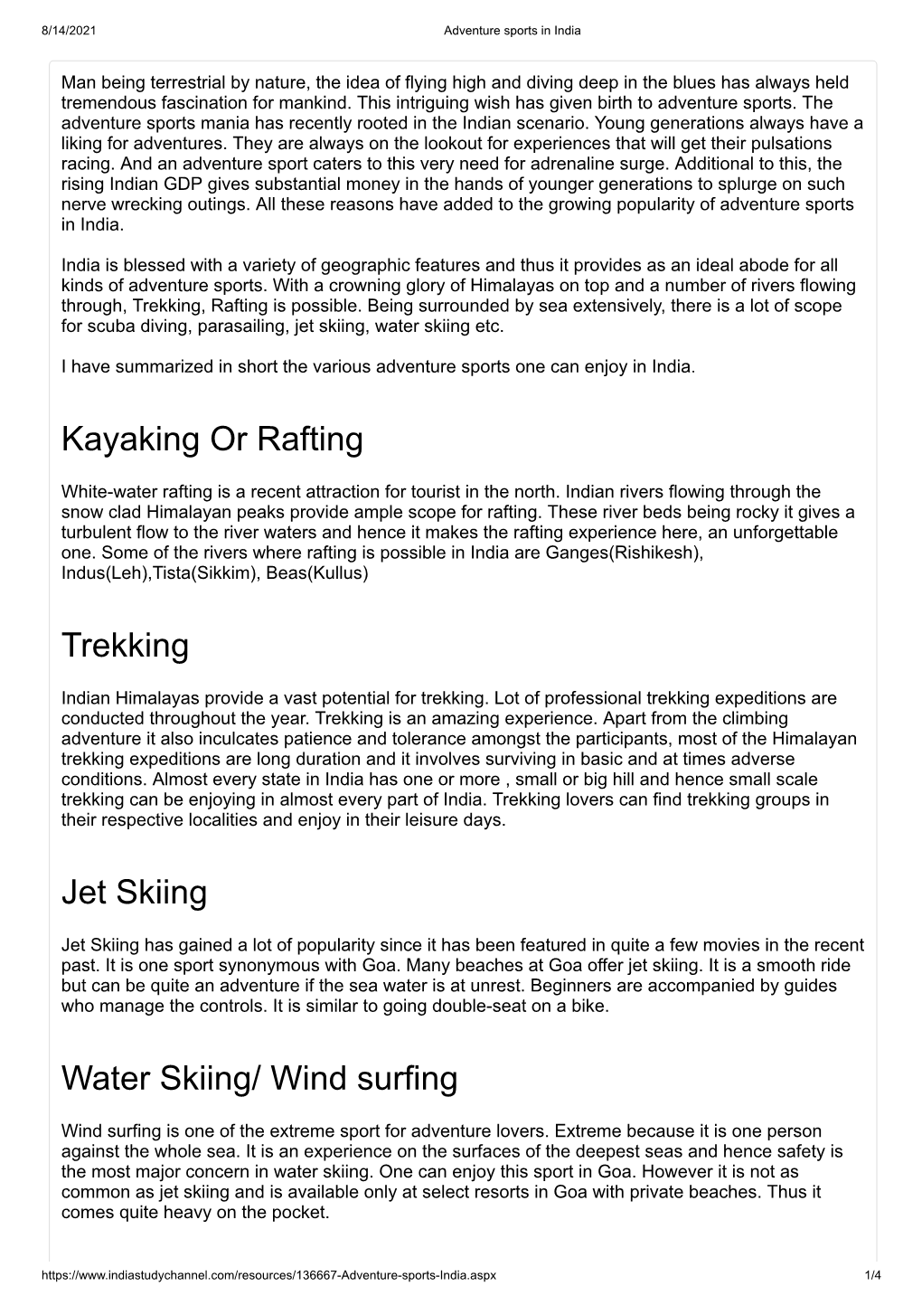 Kayaking Or Rafting Trekking Jet Skiing Water Skiing