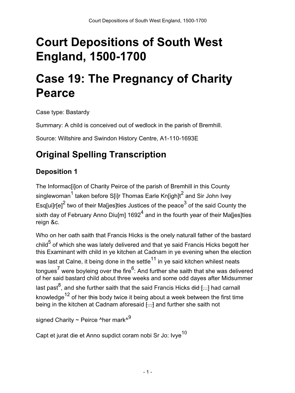 Court Depositions of South West England, 1500-1700 Case 19: the Pregnancy of Charity Pearce