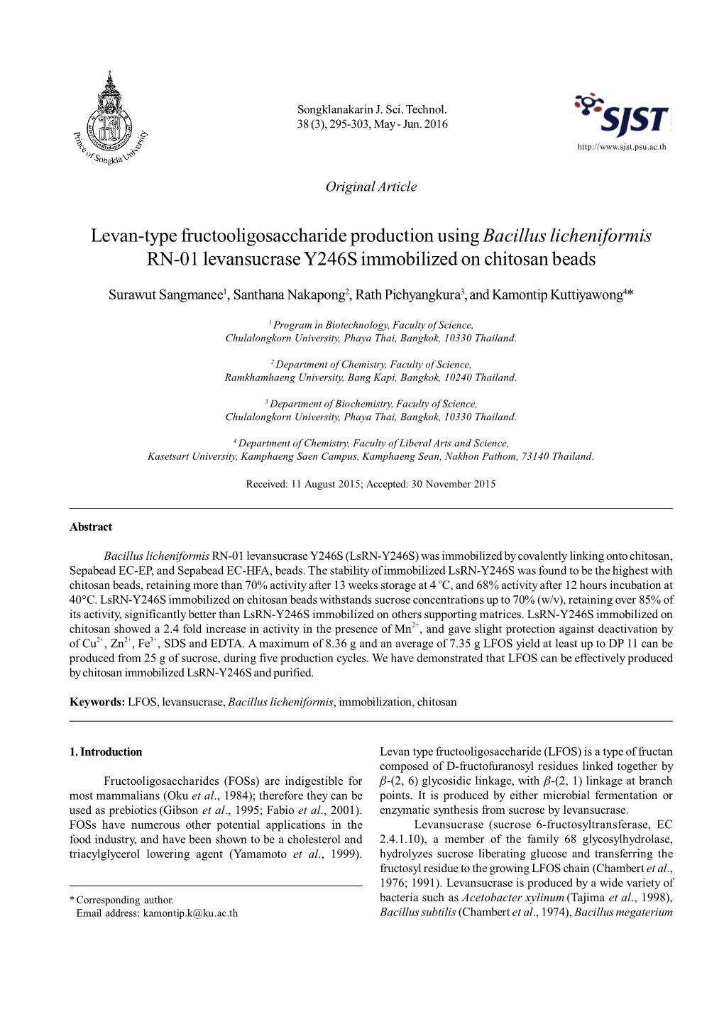 Levan-Type Fructooligosaccharide Production Using Bacillus Licheniformis RN-01 Levansucrase Y246S Immobilized on Chitosan Beads