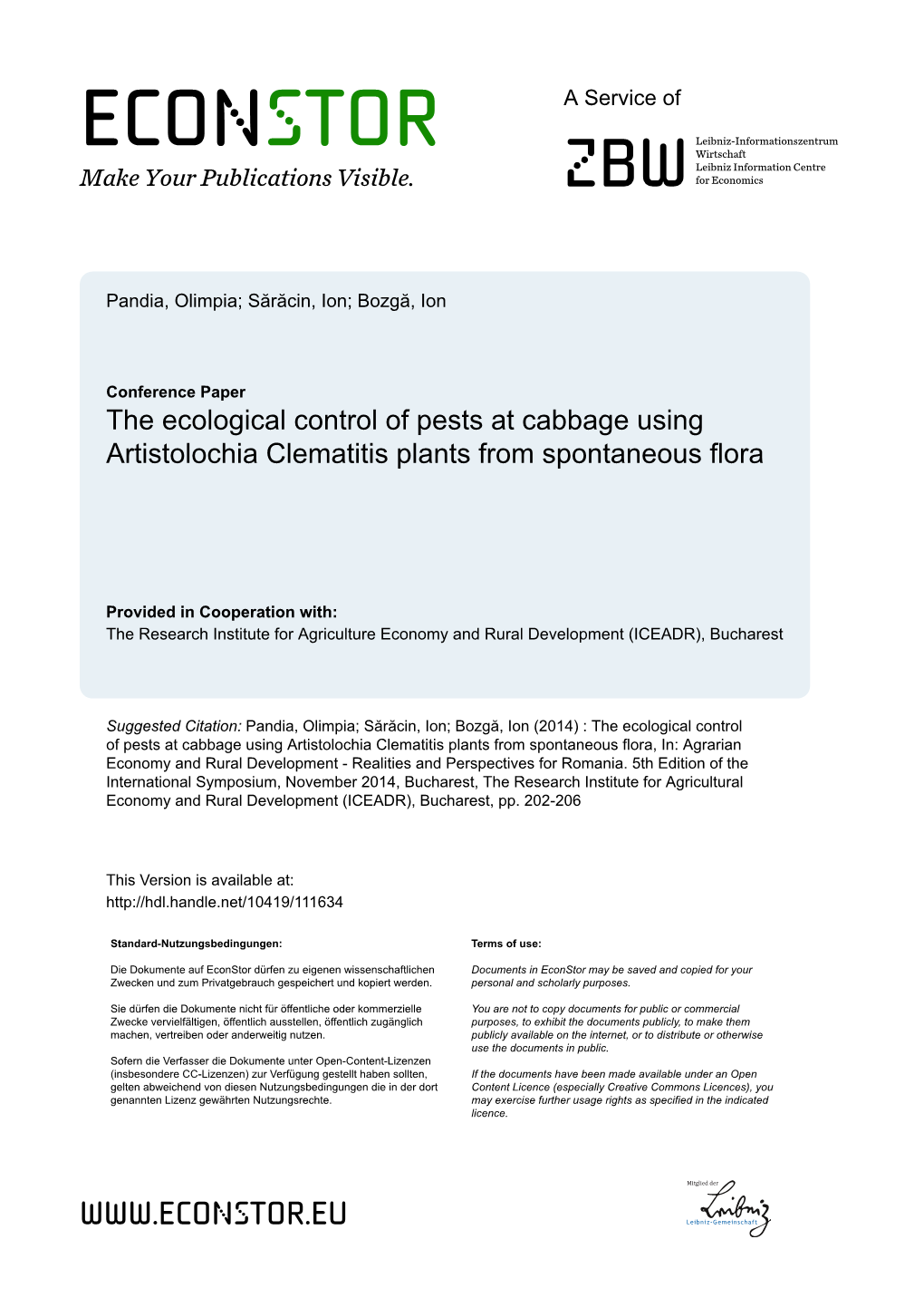 The Ecological Control of Pests at Cabbage Using Artistolochia Clematitis Plants from Spontaneous Flora