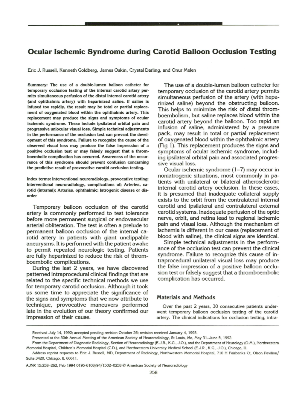 Ocular Ischemic Syndrome During Carotid Balloon Occlusion Testing