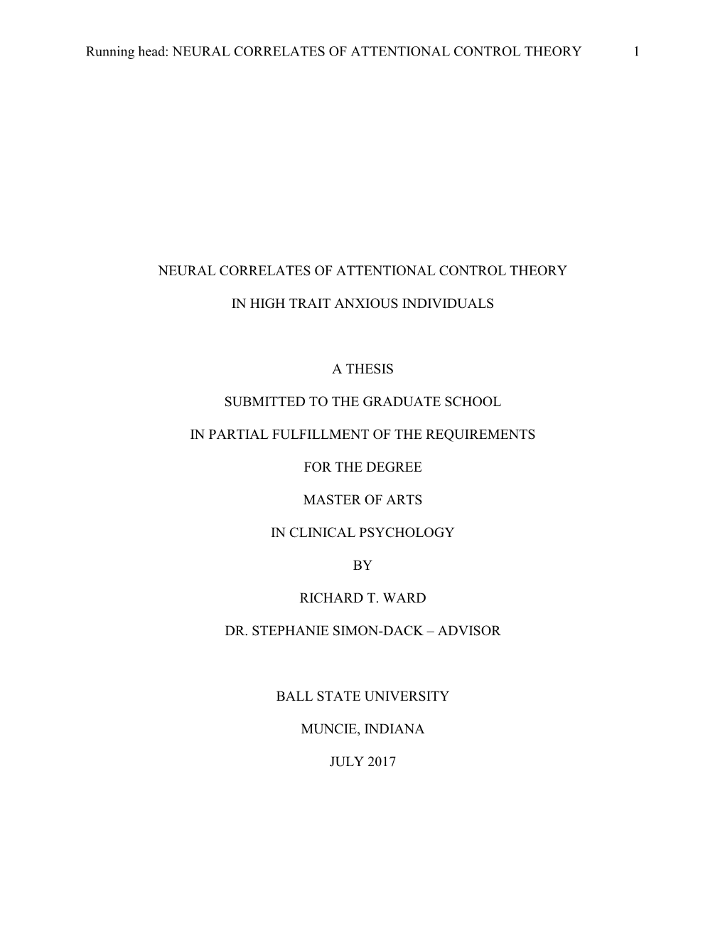 Running Head: NEURAL CORRELATES of ATTENTIONAL CONTROL THEORY 1