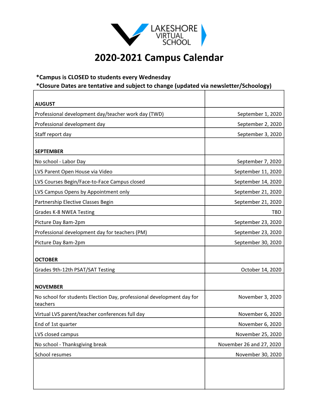 2020-2021 Campus Calendar