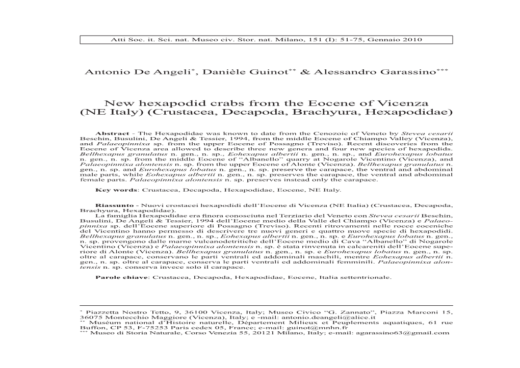New Hexapodid Crabs from the Eocene of Vicenza (NE Italy) (Crustacea, Decapoda, Brachyura, Hexapodidae)