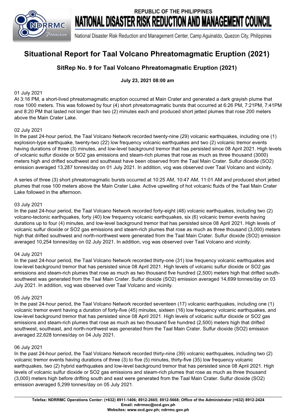 Situational Report for Taal Volcano Phreatomagmatic Eruption (2021)